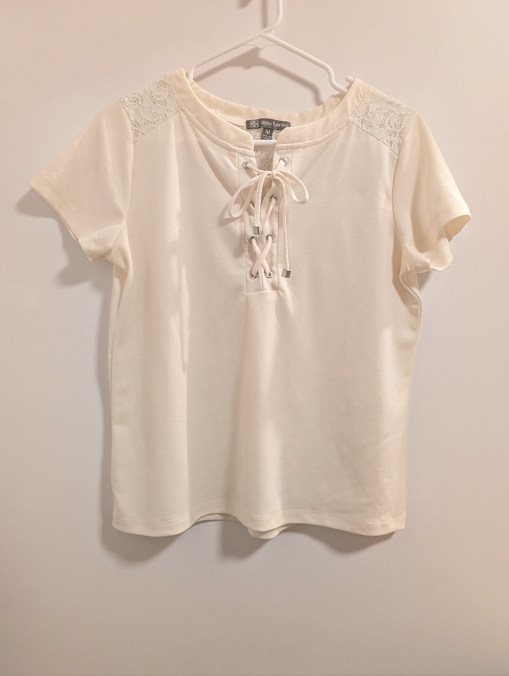 Daisy Fuentes Lace-Accent Cream Lace-Up Short Sleeve Top